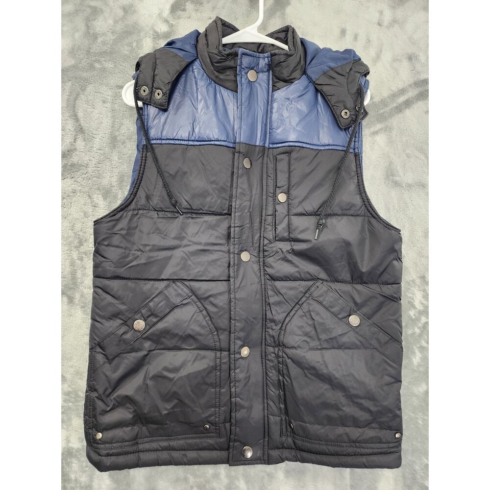 American Rag Puffer Vest Men S Blue Black Hooded Sleeveless Full Zip Snap Casual